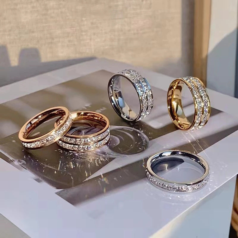 INS Rings Titanium Steel Couple Single And Double Row Diamond Ring