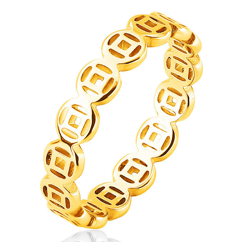 Stainless Steel Hollow Lucky Copper Coin Index Finger Ring Retro Couple Ring
