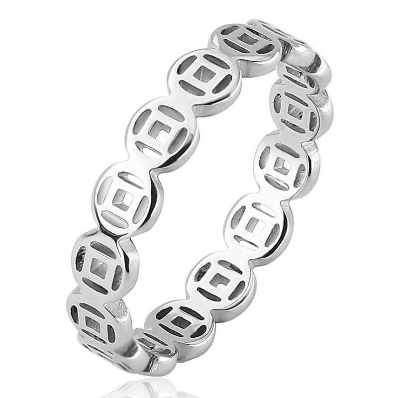 Stainless Steel Hollow Lucky Copper Coin Index Finger Ring Retro Couple Ring