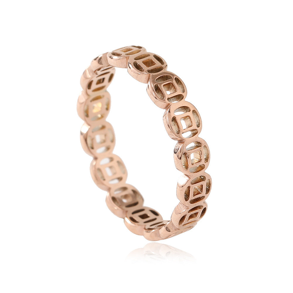 Stainless Steel Hollow Lucky Copper Coin Index Finger Ring Retro Couple Ring