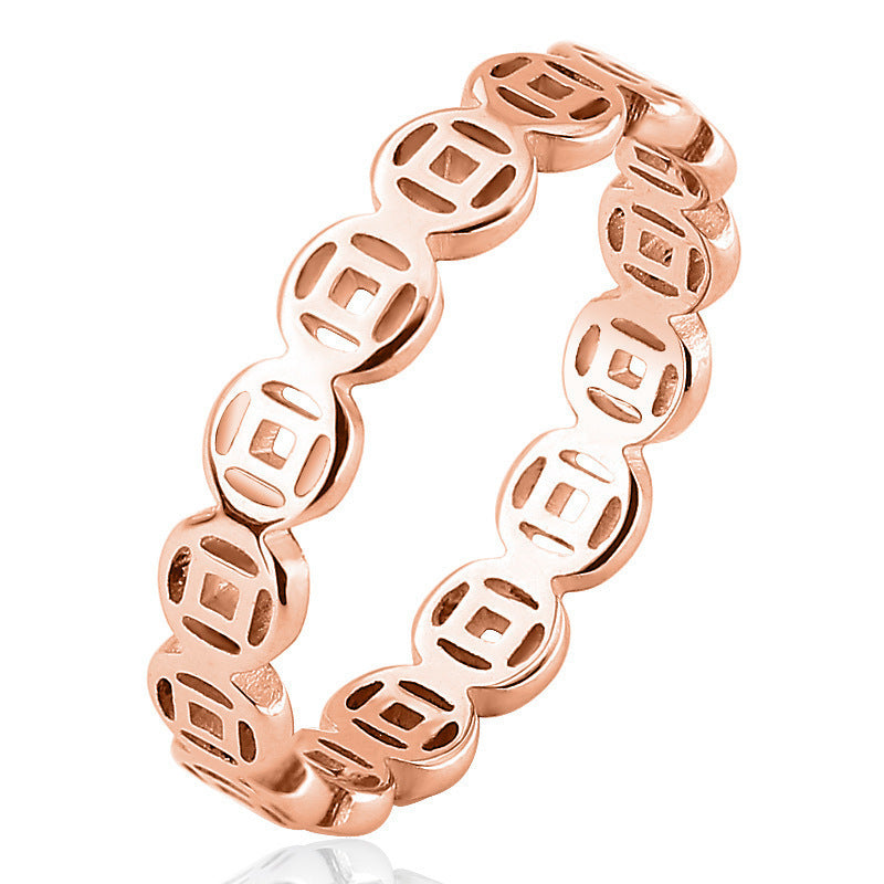 Stainless Steel Hollow Lucky Copper Coin Index Finger Ring Retro Couple Ring