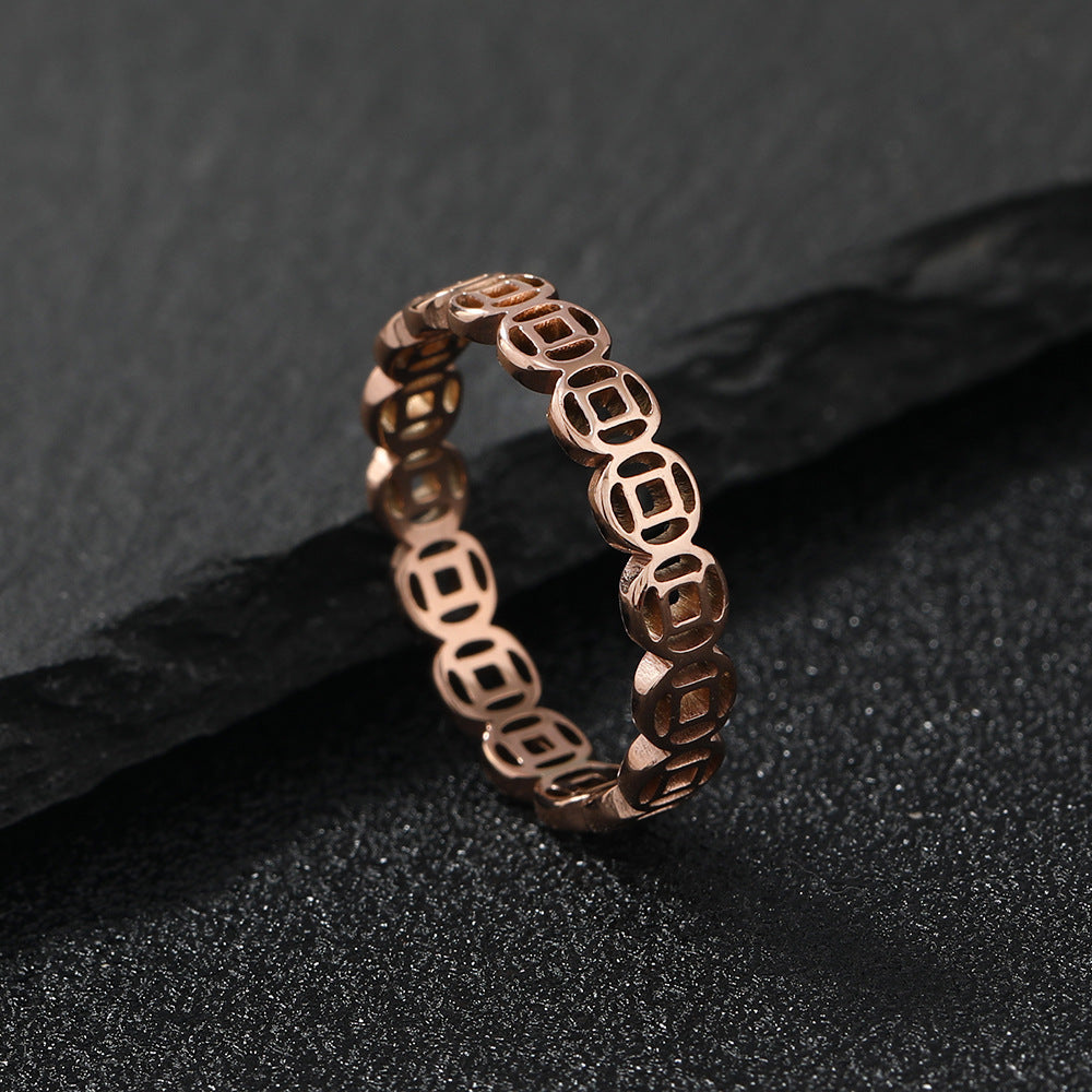 Stainless Steel Hollow Lucky Copper Coin Index Finger Ring Retro Couple Ring